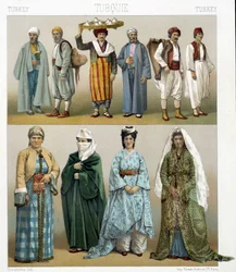 19. századi török viseletek. Illusztráció Racinet „Le costume historique” című könyvében