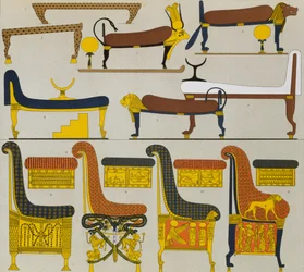 Ókori egyiptomi bútorok, Spiegel litográfiája, a Le Costume Historique (Kosztümök története), II. kötetből, Auguste Racinet