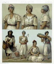 Kabil nők jelmezei és fejdíszei (felső). Tunéziai és algériai jelmezek (alul). Illusztráció: Racinet „Le costume historique” című könyvében