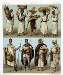 Algéria és Tunézia jelmezei. Illusztráció Racinet „Le costume historique” című könyvében