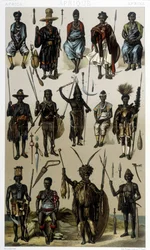 Guinea, Szenegál és Gabon jelmezei. Illusztráció Racinet „Le costume historique” című könyvében