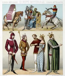 A középkor jelmezei Franciaországban. Illusztráció Racinet „Le costume historique” című könyvében