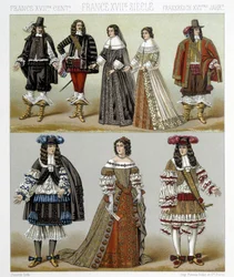 A nemesség viselete Franciaországban a 18. században. Illusztráció Racinet „Le costume historique” című művében