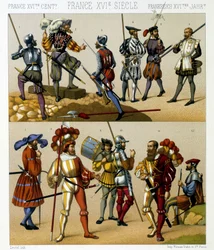 Francia katonai viseletek a 16. században. Kromolitográfiai lemez – Racinet „” Le costume historique” című könyvében