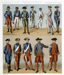 Francia katonai viseletek a 18. században. Illusztráció: Racinet „Le costume historique” című könyvében