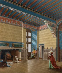15. századi francia lakóház belseje, Charpentier litográfiája a Le Costume historique-ból (A teljes viselettörténet)