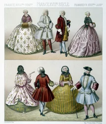 Divatos 18. századi jelmezeket viselő férfiak és nők Franciaországban. Illusztráció: Racinet „Le costume historique” című könyvében