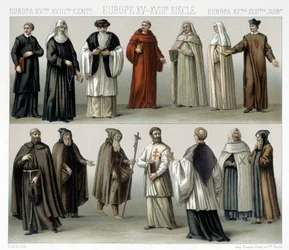 Szerzetesi viseletek Európában a 15-18. századtól. Illusztráció: Racinet „Le costume historique” című könyvében