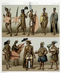 Hagyományos Cafrerie jelmez (Afrika meridionális része). Illusztráció: Racinet „Le costume historique” című könyvében
