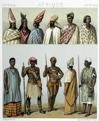Szenegáli népviseletek. Illusztráció Racinet „Le costume historique” című könyvében