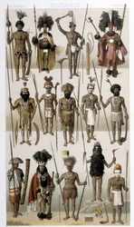 Óceánia őslakosainak népviselete. Illusztráció: Racinet „Le costume historique” című könyvében
