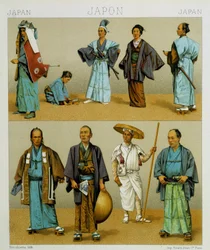 Különféle hagyományos japán férfi jelmezek, beleértve a kimonót. Kromolitográfiai lemez – Racinet „” Le costume historique” című könyvében
