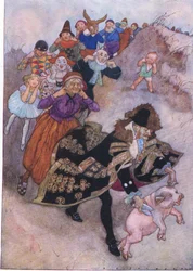 Előttük egy disznót kormányzó úriember futott a The Water Babies pubból. Humphrey Milford Oxford University Press, 1930 körül (színes litó)