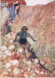 Úgy ment le, mint a bátor kisember, ahogy volt, a The Water Babies pubból. Humphrey Milford Oxford University Press, 1930 körül (színes litó)
