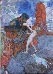 Felvett egy élő szenet, és Grimes pite-be tette, a The Water Babies pubból. Humphrey Milford Oxford University Press, 1930 körül (színes litó)
