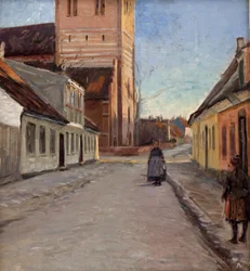 Utca Køge-ben a Nicolai templommal a bal oldalon