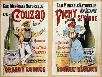 Couzan és Vichy ásványvíz reklámja, 1900 körül (színes litó)