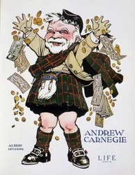 Andrew Carnegie kockás öltönyben és pénzt dobáló portréja – Albert Levering (1869-1929), az „Élet” című filmben, 1905.04.13.