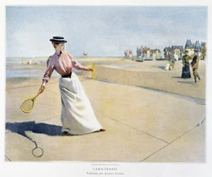 Egy gyepteniszmérkőzés részlete egy tengerparton (Normandia?), illusztrálta Albert Lynch