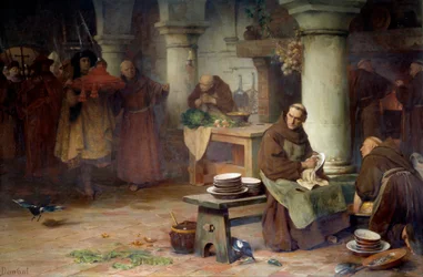 Szent Bonaventura (San Bonaventura) (1217-1274) átveszi a lila bíborost A Vatikán magas rangú tisztviselője a bíborosi bárt hozza a szerzetesnek, aki az apátság menázsiáját végzi. Albert Pierre Dawant (1852-1923) festménye 1897 V. 1,4x