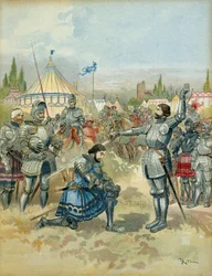 Ötödik olasz háború (1515-1516): Pierre Terrail de Bayard (1476-1524) páncélos Francois 1. (1494-1547) lovag a marignani (maregnanoi) csata után (Olaszország), 1515. szeptember 14-én este. Illusztráció