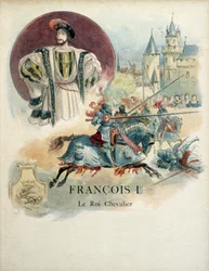 I. Francois (1494-1547), a francia király portréja és a verseny jelenete. Illusztráció: Albert Robida (1848-1926)