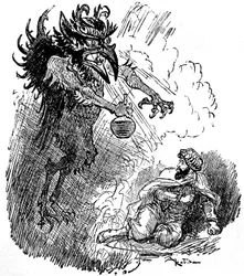 Albert Robida (1848-1926) illusztrációja egy arab legendáról (1001 éjszaka) (Tales of the Thousand and One Night): egy szörnyű démon (gonosz dzsinn) egy üveg borral ajándékoz meg egy férfit. a „Choix de előadások” című könyv metszete Armand Colin 1926.