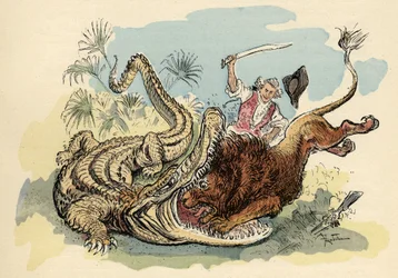 Illusztráció: Albert Robida: „Münchausen báró története és kalandjai” (Munchhausen), H. Laurens, 19. század vége.