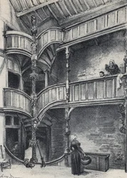 Morlaix-i ház belseje - Ó-Franciaország - Bretagne - szöveg, rajzok és litográfiák, Albert Robida (1848-1926) datálatlan 19. század vége