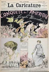 „Amerika meghódítása, Sarah Bernhardt”, rajzfilm a „La Caricature” magazintól