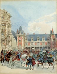 I. Ferenc (1494-1547) udvara Blois királyi kastélyában, 1524 előtt. Illusztráció
