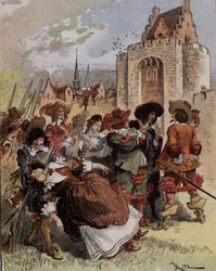 Bellormeau kapitány félénksége – „Madame de Malicorne egy őrmester karjaiba esett””. Szereplő Albert Robida könyvéből. Borító „” A kis francia illusztrált”” 1900.01.20.