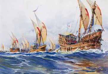IX. Lajos király francia hajói a nyolcadik keresztes hadjárat során 1268-ban, Albert Sebille (1874-1953) akvarellje.