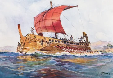 Világítóhajó a klasszikus görög korszakból, Albert Sebille (1874-1953) akvarellje.