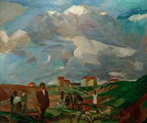 Külvárosi házak (emberekkel és birkanyájjal)