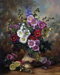 Hollyhocks in a China Vase (olaj, vászon)