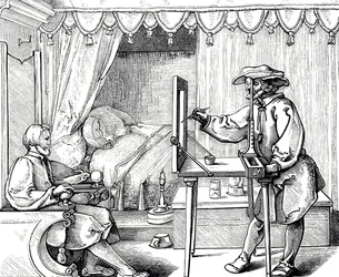 Fametszet, amely egy művészt ábrázol rajzi segédeszköz segítségével, hogy a portré arányait helyesbítse. Albrecht Dürer (1471-1528) német festő, nyomdász és a reneszánsz teoretikus metszete