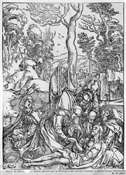 Krisztust, akit a Szűz és a női szentek gyászolnak, a „Nagy szenvedély” sorozatból, 1497-1500 (fametszet) (bw fotó)