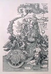 I. Maximilianus császár nagy diadalszekerének terve: Willibald Pirckheimer tervei alapján készült részlet, amely az erényeket mutatja be, amint koszorút helyeznek a császár fejére. 1518 körül