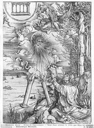 Jelenet az Apokalipszisből, Szent János felfalja a könyvet, latin kiadás, 1511 (fametszet) (bw fotó)