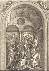 A Szent Család két angyallal boltíves teremben, c. 1504.