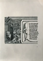 I. Maximilianus német császár diadalíve 1459-1519: egy szarvasbőr részlete, amelyen a császárok családi kapcsolatait dicsérő felirat látható, egy füles kecskével, az éles hallás jelképe
