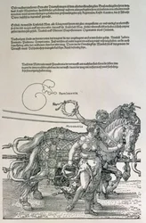 I. Maximilian német császár (1459-1519) diadalszekere: a lovascsapatok részlete, két erény, a Gondviselés és a Mérséklet által irányítva, kocsma. 1518 körül (fametszet)