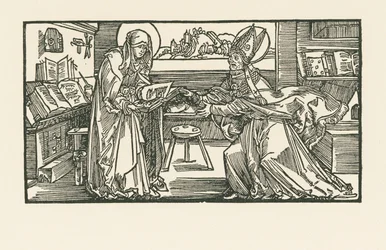 Szent Birgitta a szobájában, amint átadja művét egy püspöknek
