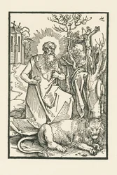 Szent Jeromos. Illusztráció Lukas von Pragnak: Apologia. Nyomtatta Hieronymus Höltzel, Nürnberg.