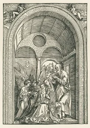 A Szent Család két angyallal egy oszlopcsarnokban, 1503-04 körül (fametszet)