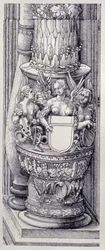 I. Maximilianus német császár diadalíve (1459-1519): a Becsület és Hatalom központi kapujának részlete, bal oldali oszlopalap, amelyet lombszalagok és szárnyas női griffek díszítenek, 1515-ös keltezésű, kocsma. 1517/18 (fametszet)