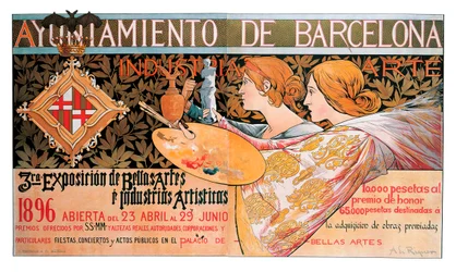 Plakát az 1896-os barcelonai „Képzőművészeti és művészi iparágak kiállításához” – Alexandre de Riquer i Ynglada litográfiája (1856-1920)