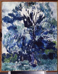 ""Vidéki táj. A fa alatt"" Alekszandr Davidovics Drevin festménye (1889-1938) 1923 Regionális Művészeti Múzeum, Kaluga