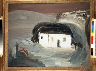 Táj egy fehér házzal. Alekszandr Davidovics Drevin (1889-1938) festménye. Olaj, vászon, 74 x 92 cm